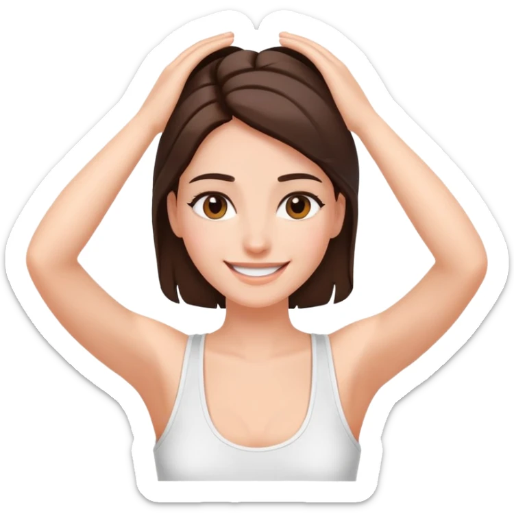 Attractive Brunette girl smiling in white tank top with hands on her head sticker