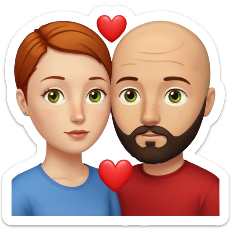 Couple. Bald man with dark brown-black beard. Woman with many small, faded, round freckles, white skin and she has auburn-yellow-brown dark hair. She has light yellow-brown-green eyes. He have hazel-blue eyes. They look at each other. Many small red hearts around them. sticker