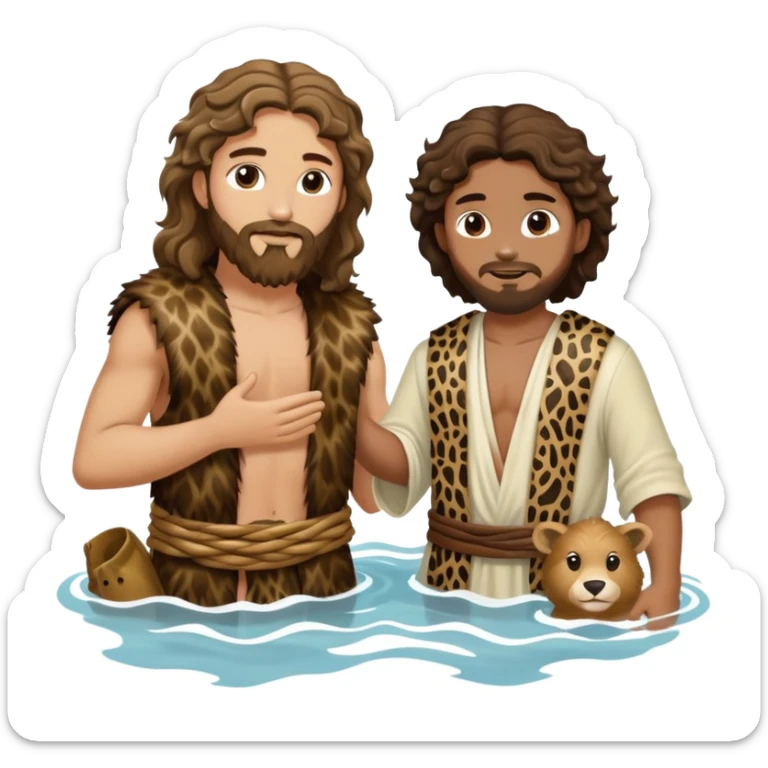 wavy hair John the Baptist, animal skin clothes, meets Jesus in the water, they have clothes on sticker