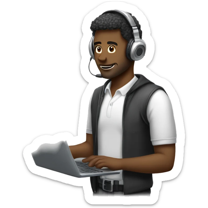 man in headphones talking hold laptop and phone only upper part of body  sticker