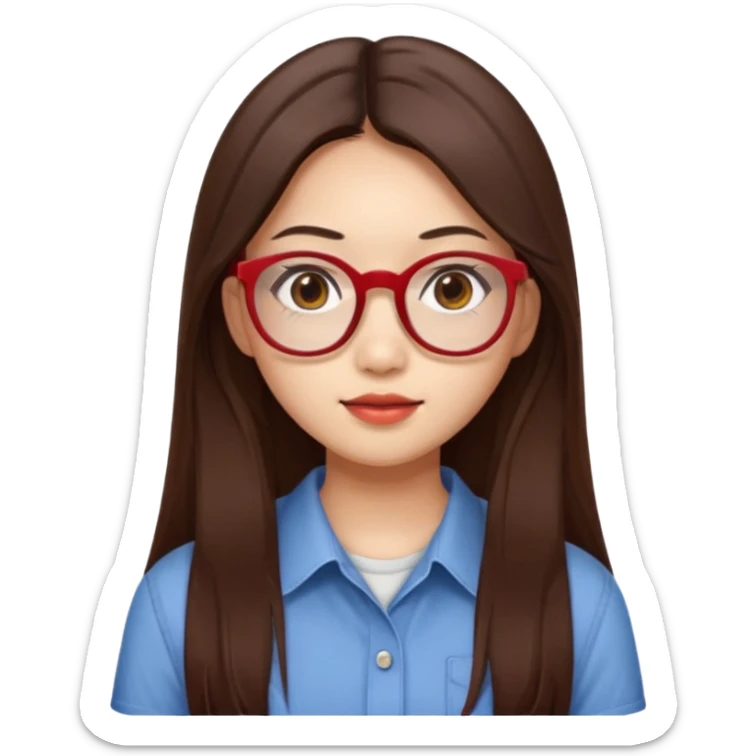 20 yr old asian woman, straight thick long brown hair, middle part, big red glasses, brown eyes, casual shirt sticker