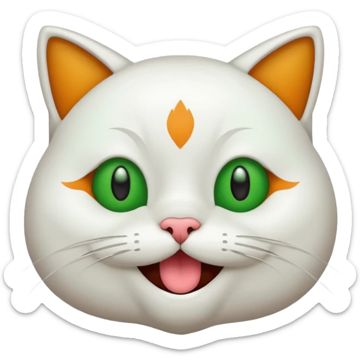 Realizar emoticonon de gato blanco con tonos gris claro solo carita sonriendo muy feliz ojos grandes de color verde con amarillos y bigotes largos  sticker