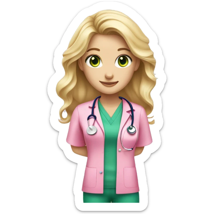 pale blonde girl with long wavy hair and green eyes wearing pink scrubs and stethoscope  sticker