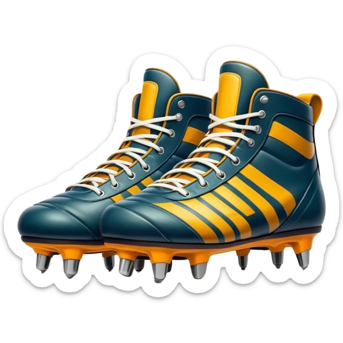 Cinematic Realistic image of a pair of rugby boots, showcasing sturdy leather construction, detailed cleat patterns and textured surfaces, illuminated by vibrant outdoor lighting that captures their athletic purpose sticker