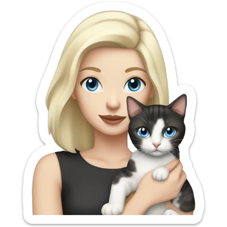 Pale woman with black hair and blue eyes holding a tabby cat sticker