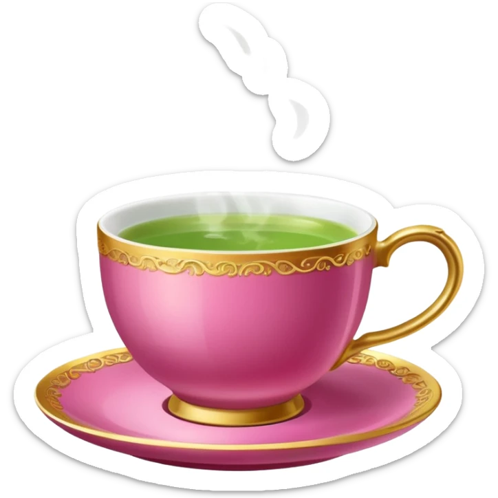 dark pink teacup filled with green tea, placed on a matching pink saucer, with gentle steam rising from the cup, golden details sticker