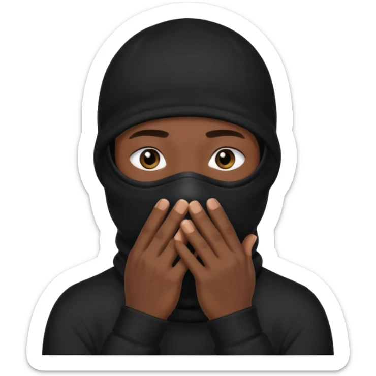 🥷🏽: inspire toi de cet emoji faisant en sorte qu’il est les mains sur la bouche et garde sa cagoule noir avec uniquement ses yeux apparent sticker