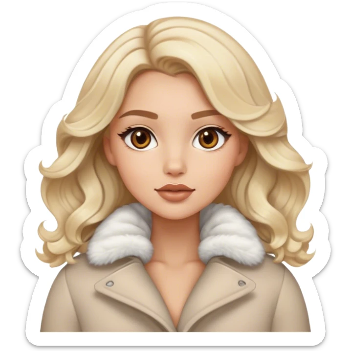 Luxury blonde model, brown eyes, sleek wavy hair, puffy winter coat sticker