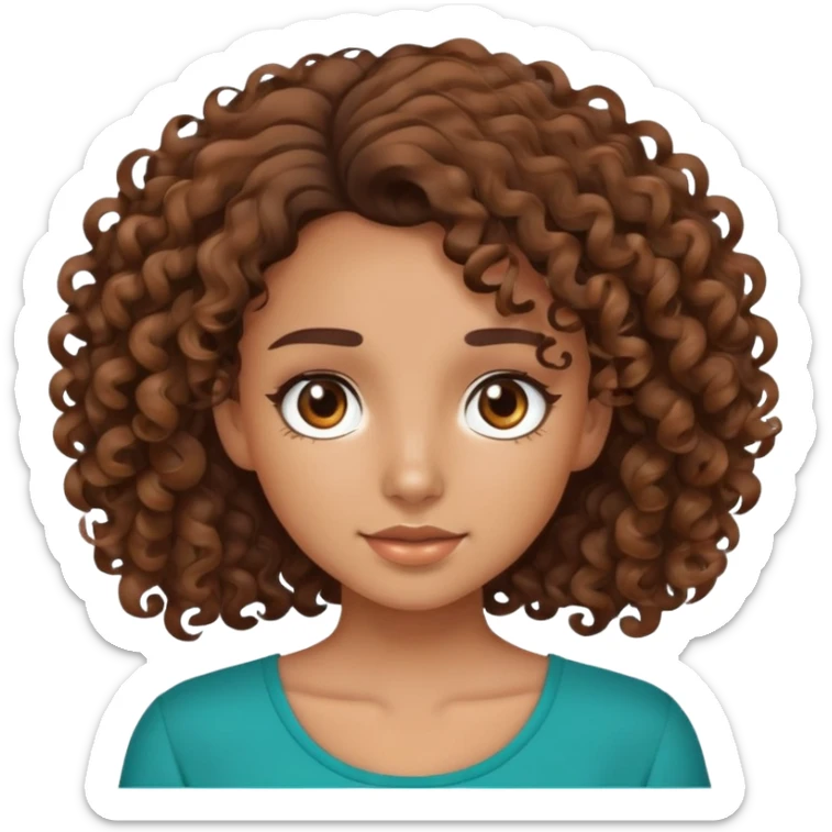 a curly brown hair girl with brown eyes tan skin and a teal top with flare  sticker