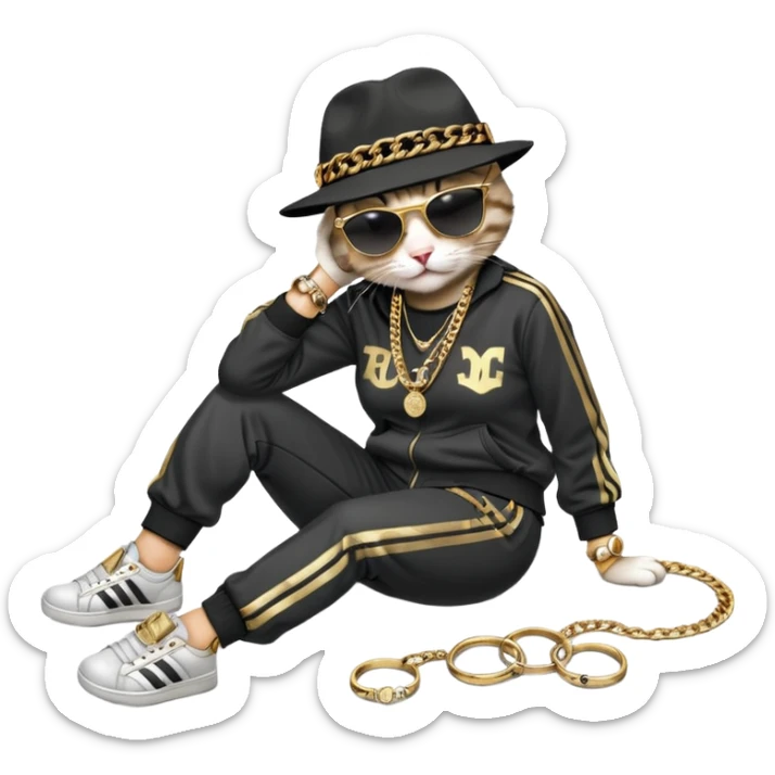 female cat dressed like Run DMC in tracksuit, fedora, Adidas shoes, dark sunglasses, lots of gold chains, rings, bracelets, earrings, lying on the ground after falling, distressed sticker