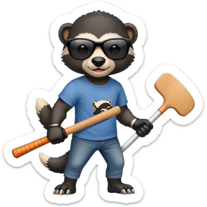 mischievous anthropomorphised honey badger in jeans and a t-shirt, wearing sunglasses, holding a hockey stick sticker