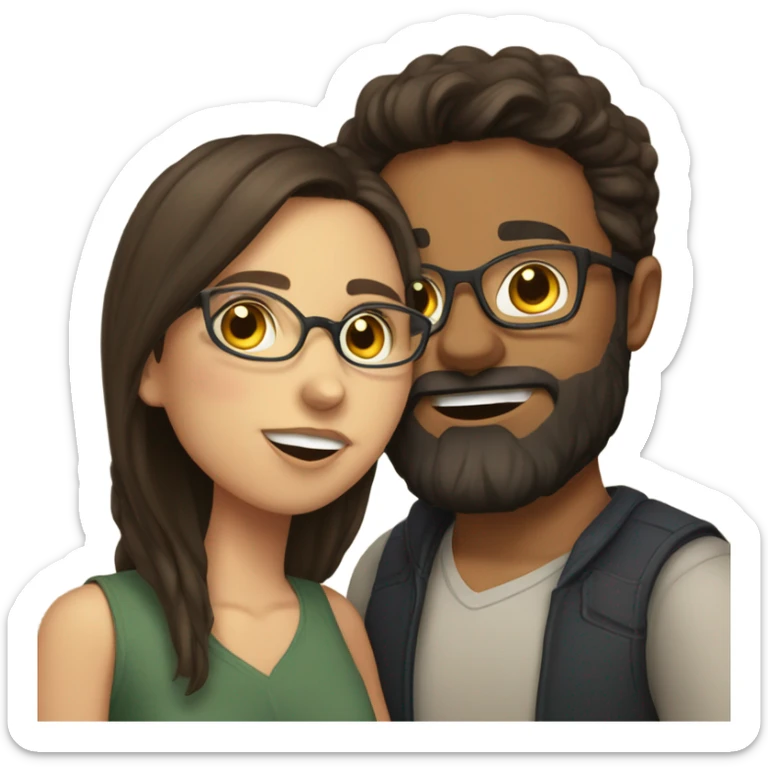 Brunette girl with glasses kiss on cheek brunette boy with beard sticker