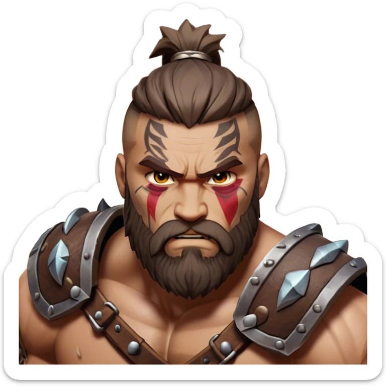 Clash of Clans aesthetic: Cinematic Rugged Barbarian Portrait Emoji, Intense and formidable with a heavily muscled physique, a rugged beard, piercing eyes, and battle-worn armor adorned with tribal markings, his expression fierce and resolute, Simplified yet powerfully detailed features, highly detailed, glowing with a deep, primal energy, high shine, gritty and uncompromising, stylized with an air of raw, untamed power, focused and determined, soft glowing outline, capturing the essence of a barbarian warrior carved by countless battles and poised to lead his clan into epic conflict! sticker