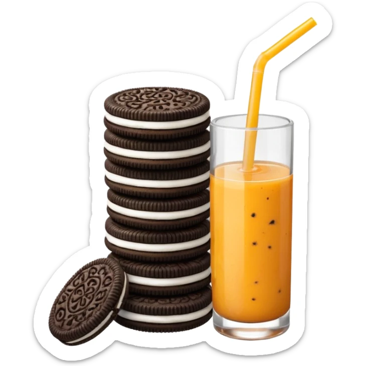 playful scene with Oreo cookies and a bottle of orange juice with a straw sticker