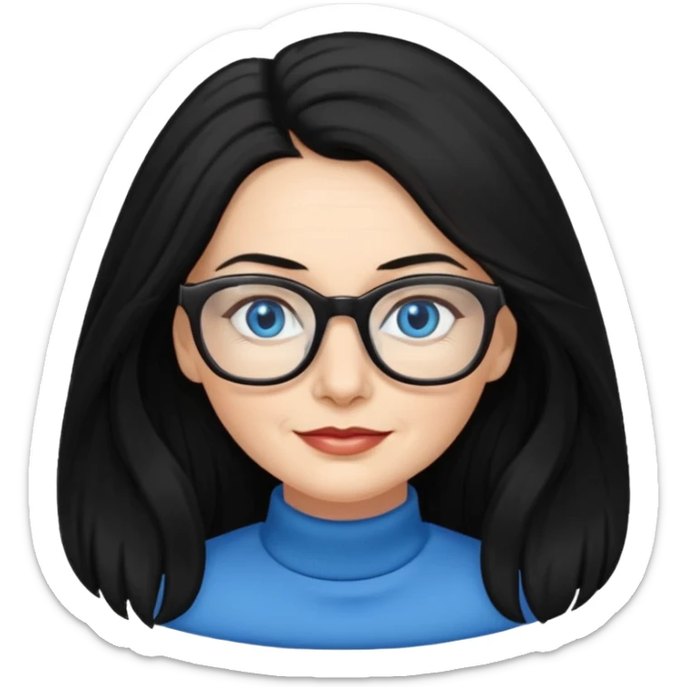 woman 50 years old, long and fluffy black hair, blue eyes, glasses sticker