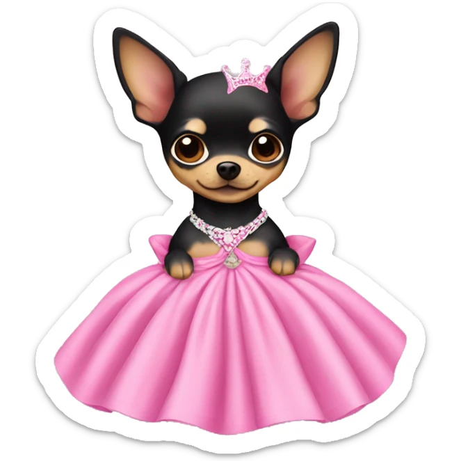 black & tan chihuahua puppy wearing a pink princess dress sticker