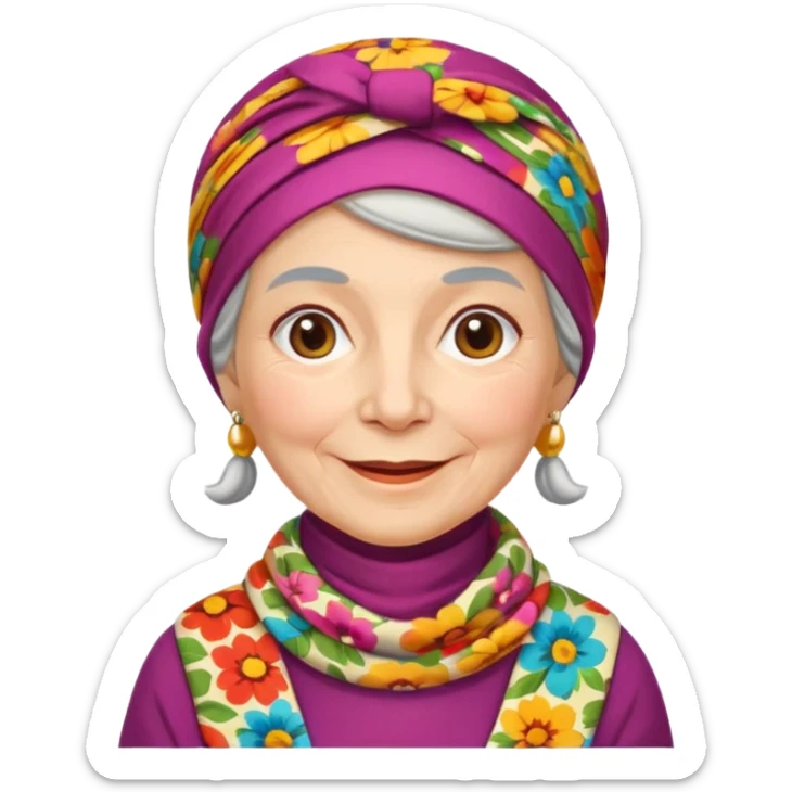 A kind old Russian village grandmother emoji — elderly woman wearing a bright floral headscarf tied under her chin, colorful patterned dress, warm smile, simple rural look. Flat minimal emoji style, clean Apple-like design. sticker