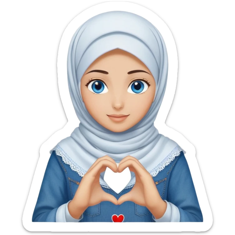 Turkish beautiful finish Konya girl blue eyes with denim hijab islamic dress and making heart with hands and with thank you text sticker