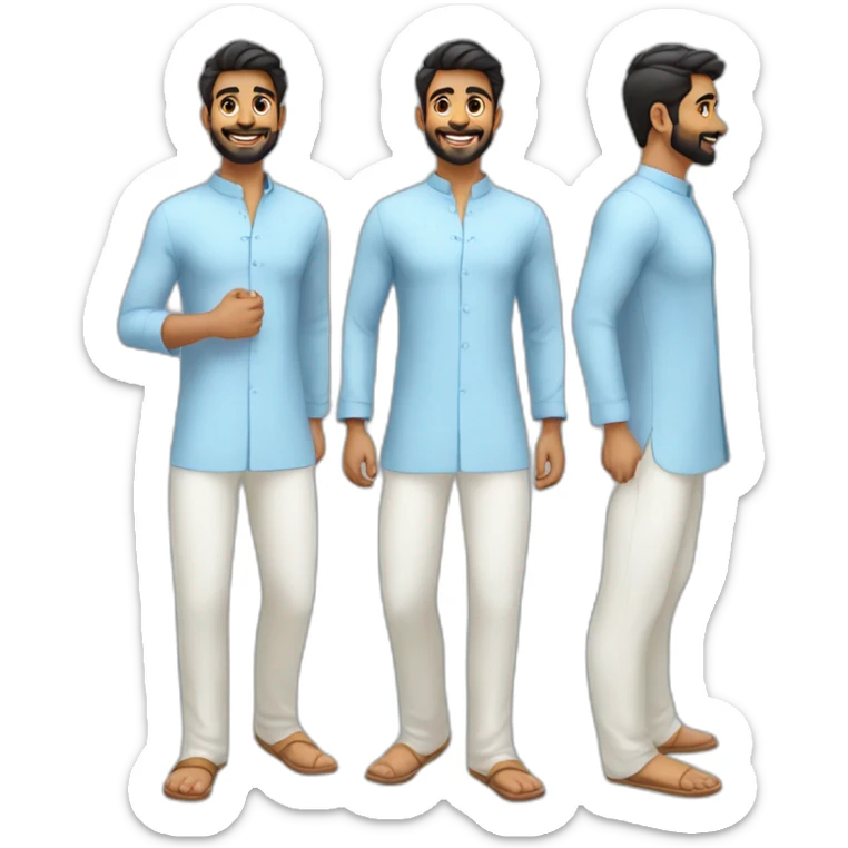 South Indian guy wearing light blue kurtha with white skinny pant  with smile and light beard full body sticker