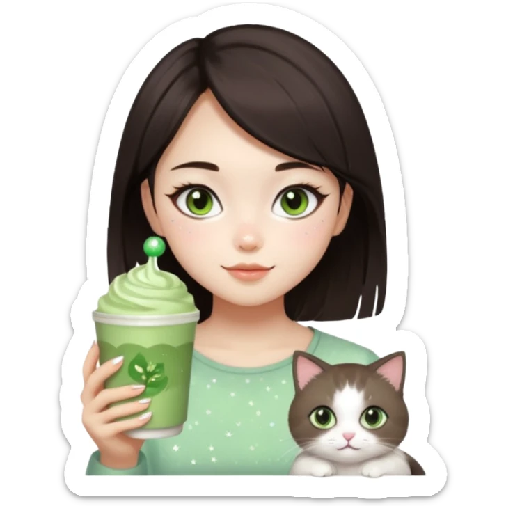asian girl with shoart dark brown hair with a soft girl glowup aesthetic. matcha latte sparkles girly things, 2 ragdoll cats, skincare, makeup sticker