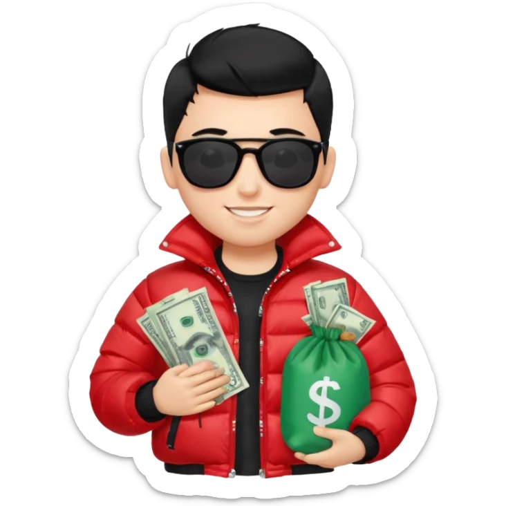 a pretty bratz boy with black hair, holding a bag of money, sunglasses on, red puffer jacket sticker