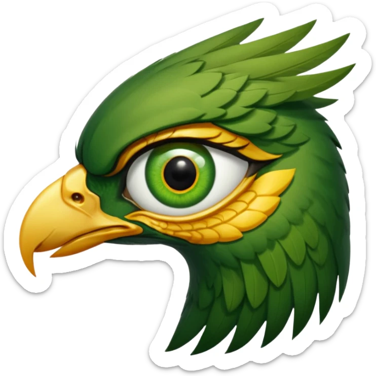 close up of just the eye and nothing else at the side profile of the face of a green hawk that is looking away from the camera on white background sticker
