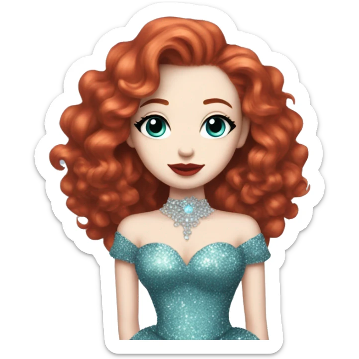 pale skin, long curly red hair, aquamarine, glitter, ball gown, red lipstick, black eyeliner, full body sticker