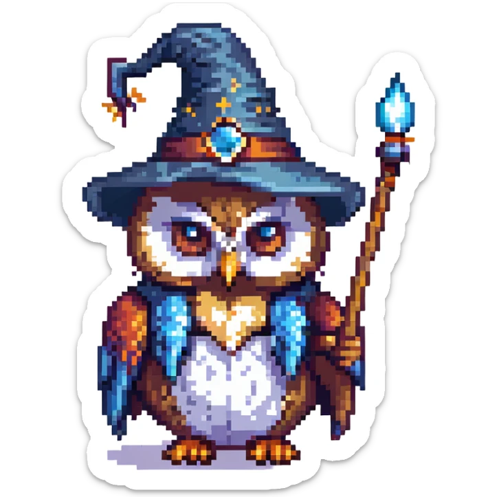 minimalist pixel icon of an owl with a wizard hat and wand simple color palette clean lines sticker