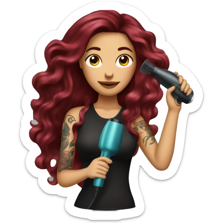 Beautiful tattooed  burgundy long haired woman blow drying her hair sticker