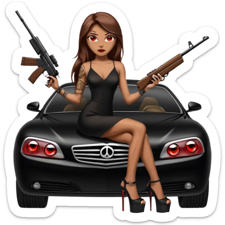 Lilith tan skin female red eyes symbol. Tattoo arms. Her hair is brown straight long hair.wearing sexy long sexy Chanel dress with slit. black stiletto thick platform high heels shoes on. Sitting on giant luxury car with cash inside . She is holding a sniper rifle in one hand cash in other hand sticker