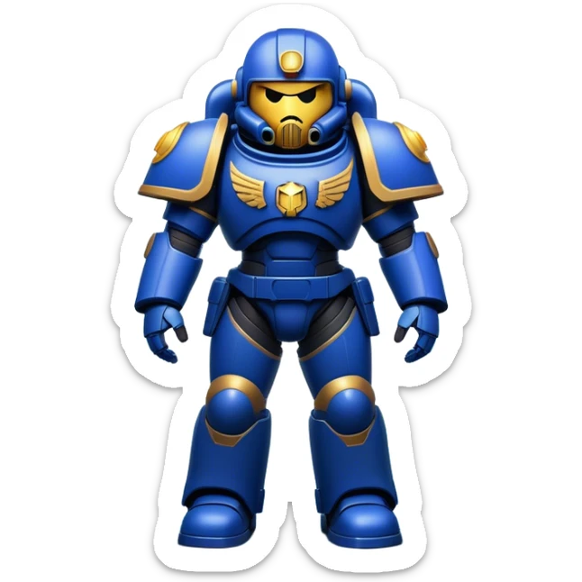 Clash of Clans aesthetic: Cinematic Playful Space Marine Hero Emoji, rendered in a 3D vector-style similar to standard emojis with minimal shading and bold, simplified shapes. A compact, heroic isometric figure clad in futuristic power armor with signature energy accents, softly glowing with a cosmic battle charm. Simplified yet unmistakably iconic, highly detailed and consistent, glowing with a soft radiant shine and high gloss. Stylized with a touch of interstellar valor and a soft glowing outline, capturing the essence of an elite space warrior with a friendly, playful manner! sticker