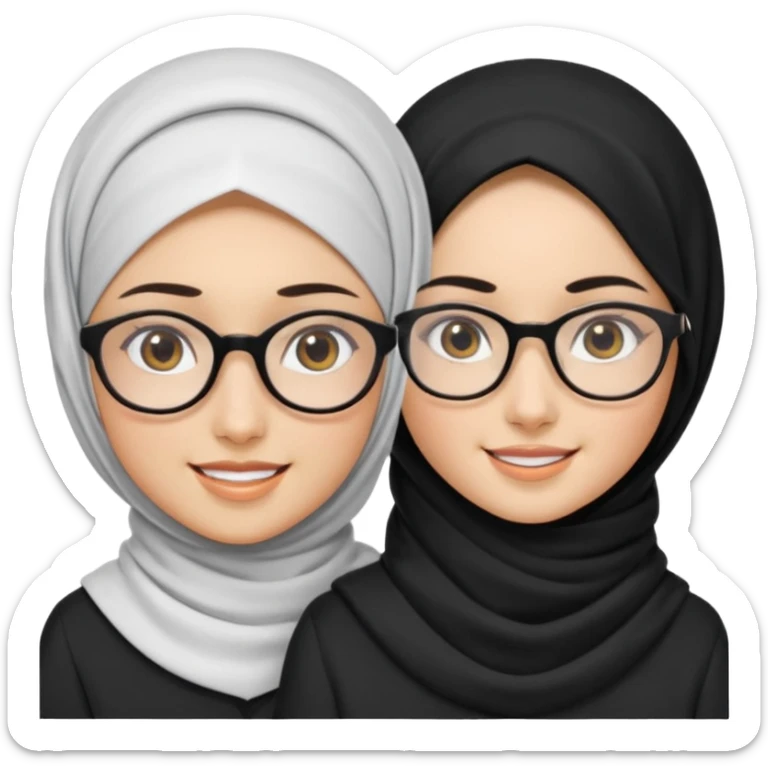 White hijabi girl with black eyes with another girl have long black hair wearing glasses with  another another girl have curly short  honey hair and wearing white glasses  sticker