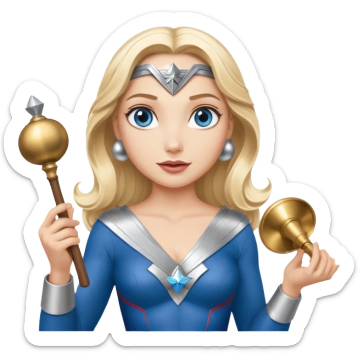 Blonde blue eyes Wonder Woman holding bell and short white orchestra conductor’s baton  sticker