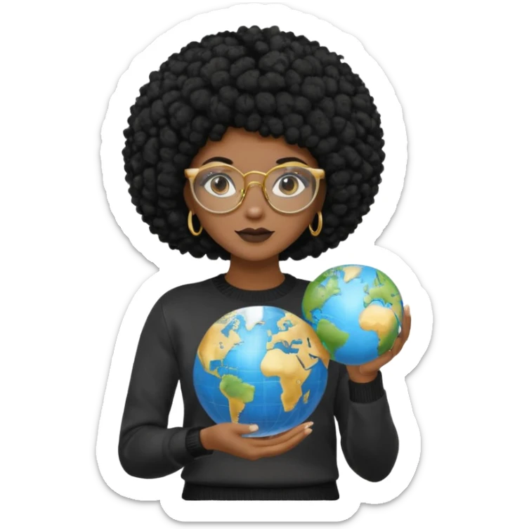 a young woman wearing gold round glasses and black afro hair, she has light black skin, she's wearing a professional sweater and she's holding a globe in her hand sticker