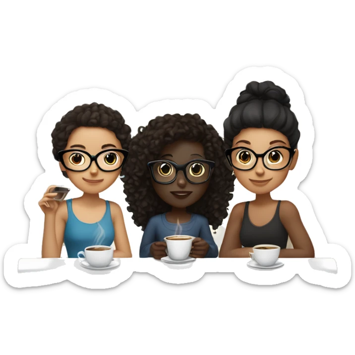 trio of three girls, one dark skinned girl with curly black hair and black glasses, one lighter skin girl with straight dark brown hair, and one light skinned girl with curly brown hair and clear framed glasses, drinking coffe together sticker