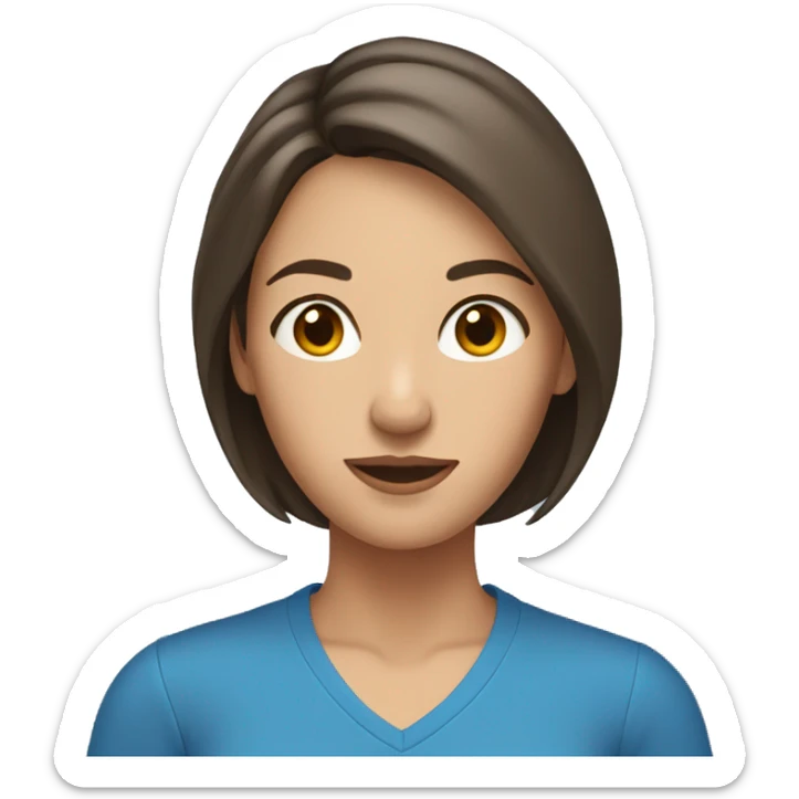 brunette woman chin length hair standing wearing a blue shirt sticker