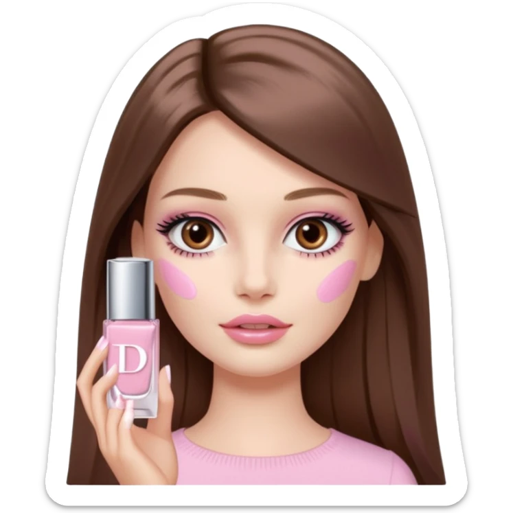 Barbie girl a brown long Straight hair and brown eyes is In pale pink smears by hand cosmetic cream Dior on her face sticker