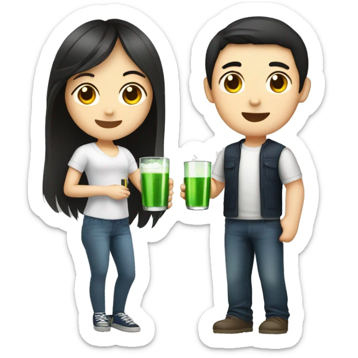 Young guy and young girl with dark hair and light skin drink soju  sticker