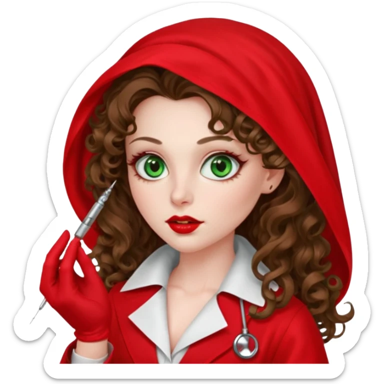 Spanish sexy evil woman. She has green eyes.  had brown long curly hair.  evil surgeon kills with needle wears red sexy doctor coat with red Juliet veil on her mouth and nose to hide and wearing red gloves.  sticker