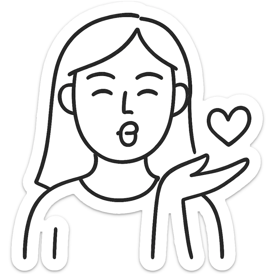 Make this icon of a fair-skinned woman with straight, chestnut hair sending a kiss to the viewer even more minimalistic, with fewer lines and simplified features, no background. sticker