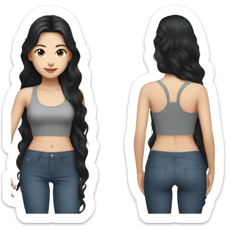 taiwanese girl with long black wavy hair with gray eyes in a crop top sticker