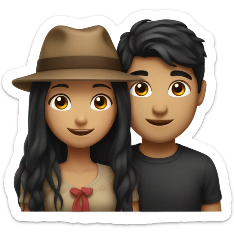Girl with long black hair brown eyes and guy with black hair brown eyes and a hat holding one another sticker