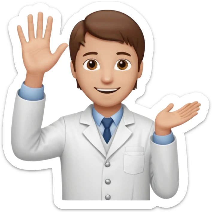 Radiografía de mano sostenida por un hombre con bata blanca  piel clara cabello café saludando sticker