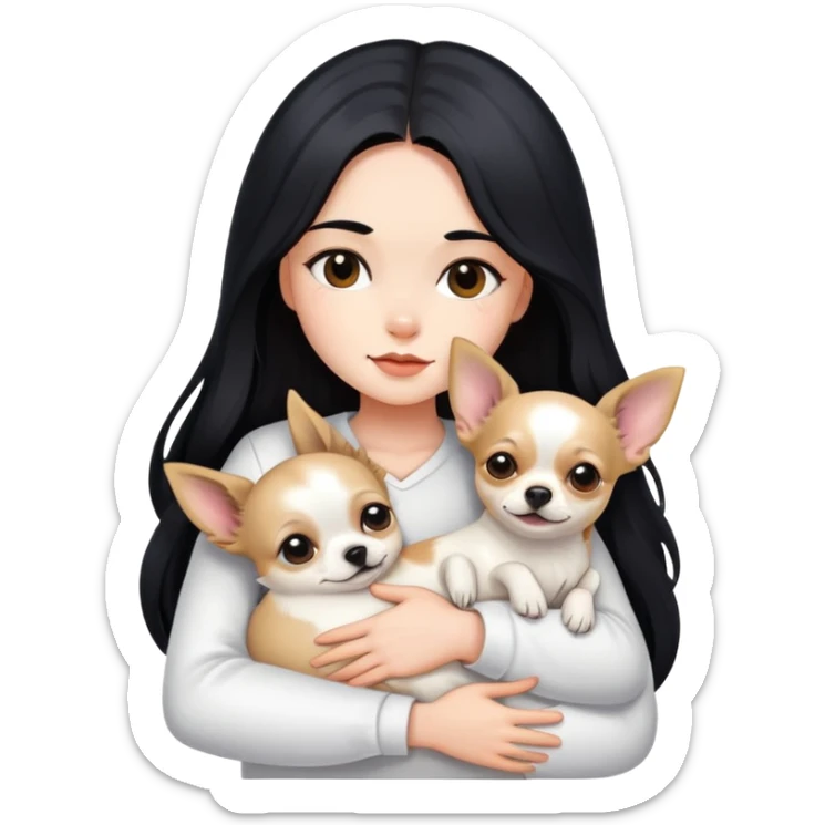 Fair skin girl - long black hair - white clothes - hugging a chihuahua sticker