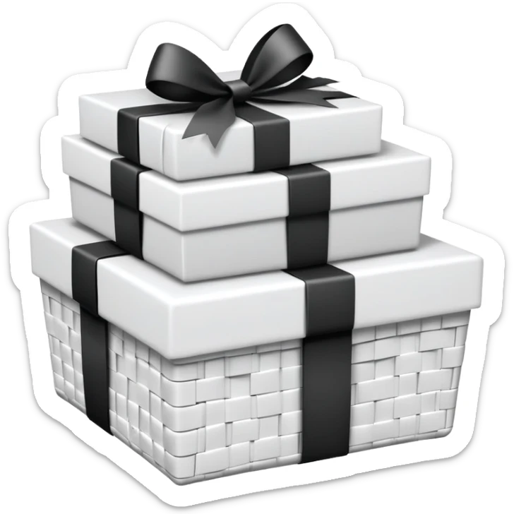 big white gift basket with lots of gifts, and the gifts are black and white no other colors sticker