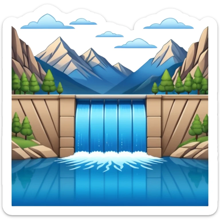 Emoji-style illustration of dam in front of mountain lake, flat vector look, bold outlines, minimal details, no background. sticker