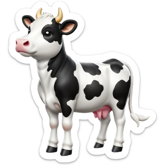 cinematic-[cow]-realistic-full-body-standing-emoji,-tail-flicking-lazily,-head-tilted-dramatically,-sleek-[black and white]-fur,-simplified-yet-realistic-focused-features,-highly-detailed,-glowing-with-an-almost-sarcastic-glow sticker