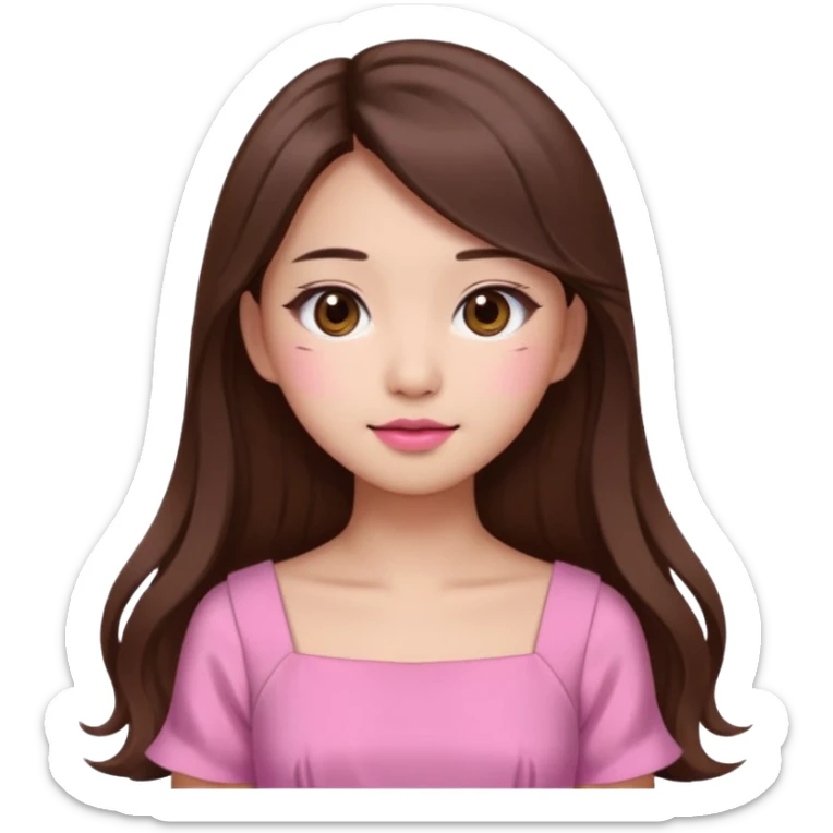 girl aesthetic emoji, asian beautiful make up long brown hair pink dress sticker