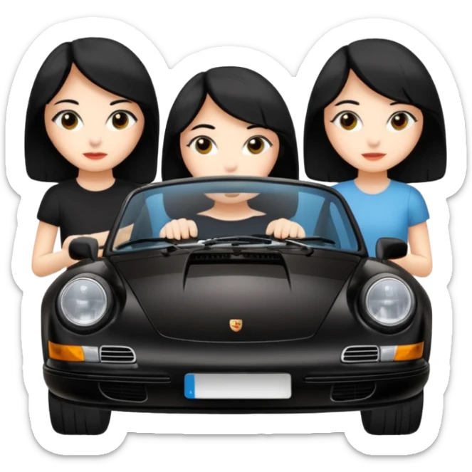 Draw three girls in a Porsche 911 black car and girls with black hair.  sticker