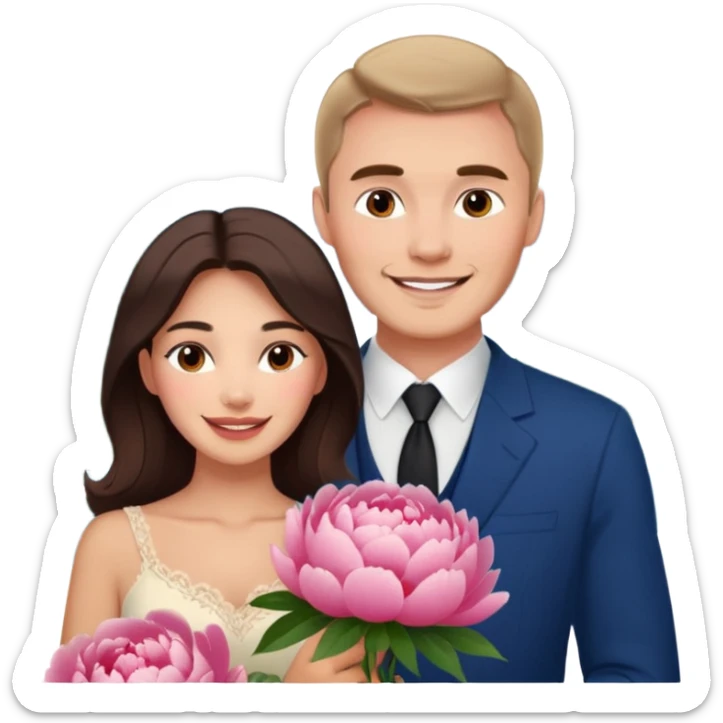 Couple traveling in Montenegro russian man and elegant  Latina girl delicate peonies and mountains in the background  sticker